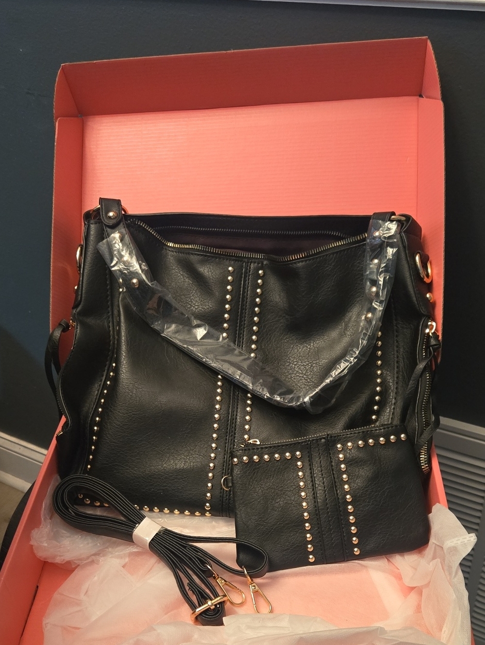 Black Studded Women's Tote Bag with Matching Pouch
